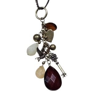 Charm Necklace with Key, Bird,‎ Heart, and Teardrop Charms - Bohemian Style